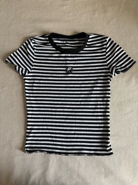 Black & White Striped Short Sleeve Tee with Yin Yang Patch